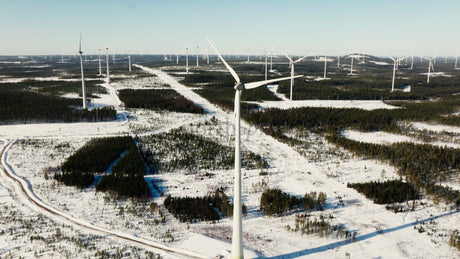 Markbygden Wind Farm: Aerial Winter View of Turbine in Snowy Landscape, Renewable Energy