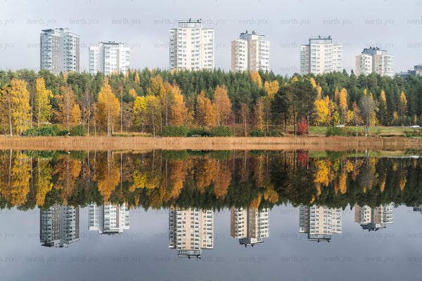 Lulsundsberget - apartment towers behind autumn trees with lake reflection