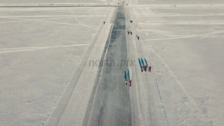 Aerial View of Ice Road on Frozen Lake Near Lulea, Sweden in Winter