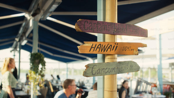 Summer in Luleå: Travel signs at an outdoor cafe