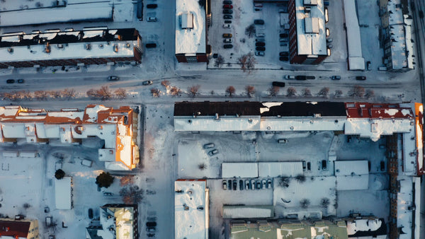 Aerial view of snowy Luleå, in winter: A drone's perspective