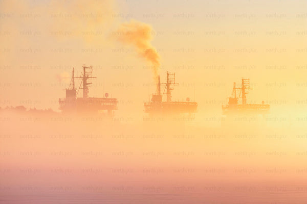 Three icebreakers in fog at sunrise