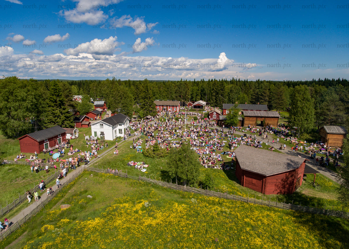 Aerial view of a summer event in rural Luleå setting