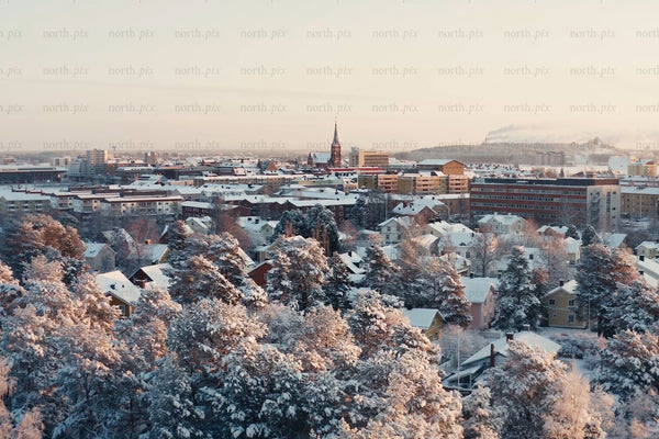 Snowy city center view over Luleå with trees, homes, and winter lighting