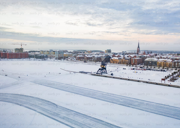 Aerial view of Luleå's winter cityscape in the morning light