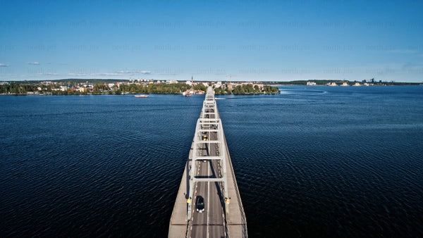 Aerial view of Bergnäsbron bridge in Luleå, on a summer day