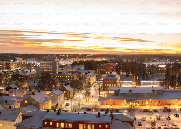Aerial view of residential neighborhood at winter sunset