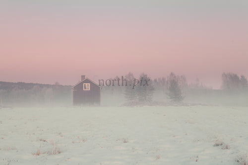 Small red house in snowy field at sunrise