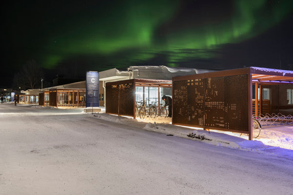 Bike shelter and bicycles under northern lights at night