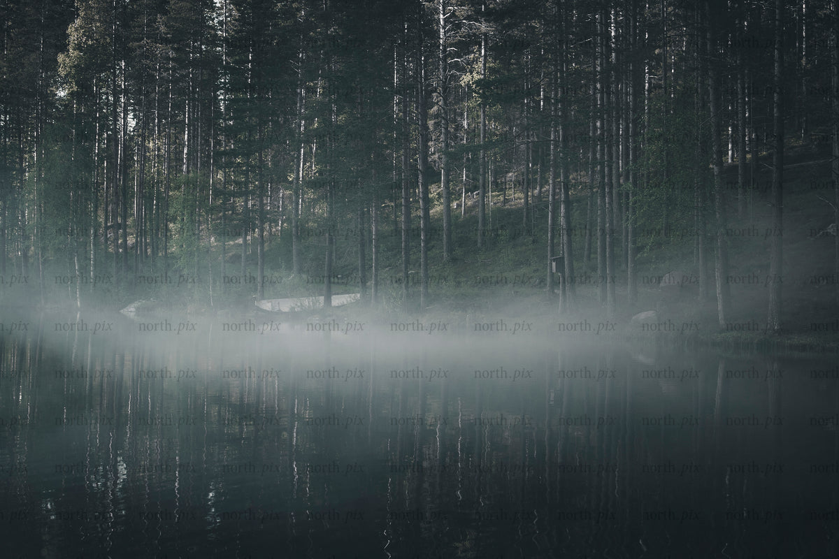 Boat on foggy lake at dawn