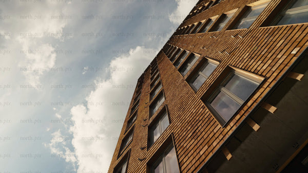 Rotating view of modern wooden architecture on a high rise building