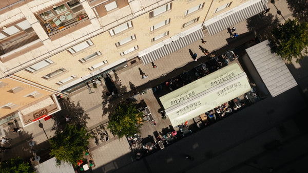 Aerial view of Luleå city center with outdoor cafes on a summer day