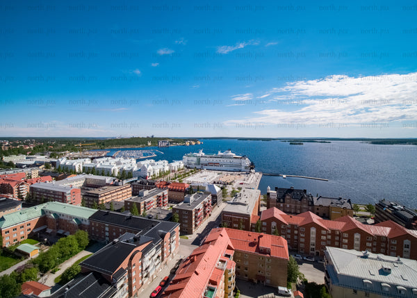 Overhead drone view of Luleå city and harbor during a bright summer day