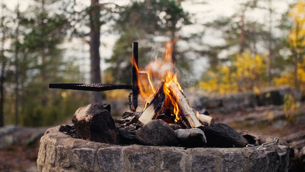 Campfire in autumn forest: Woman making coffee near Luleå