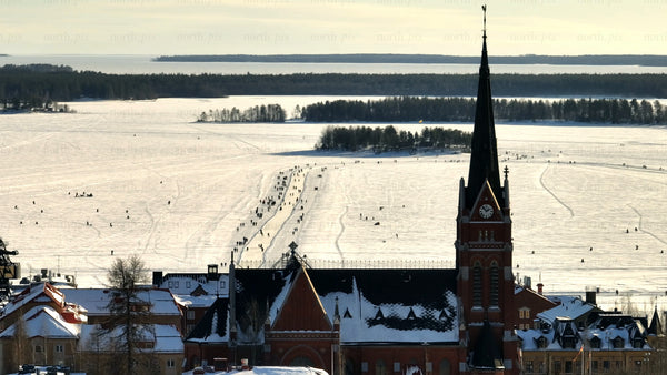 Winter in Luleå: Scenic view of frozen Baltic Sea and cathedral