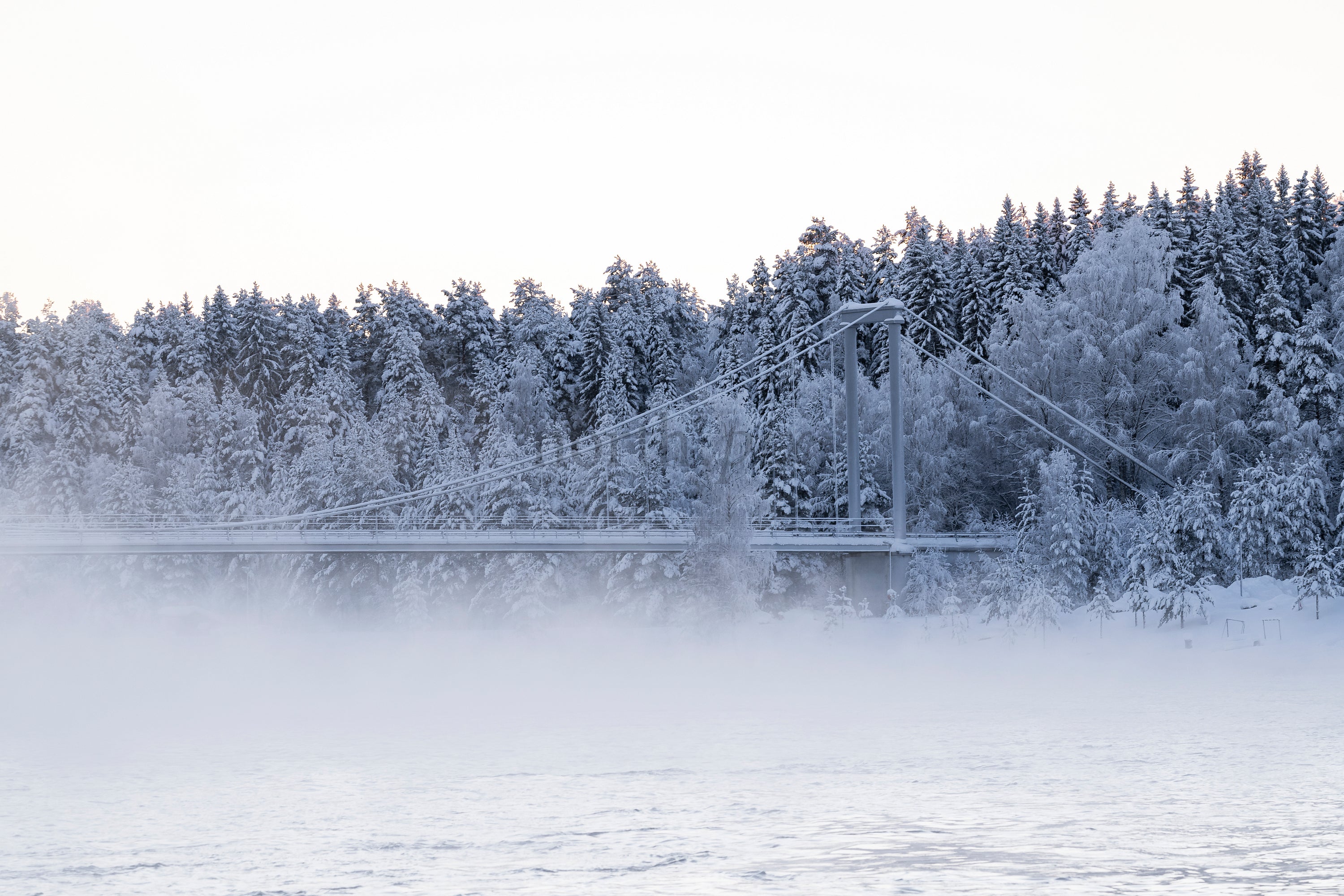 Suspension bridge crossing a river in snowy forest