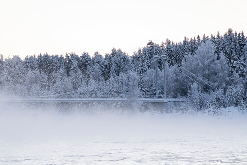 Hängbro över en flod i en snötäckt skog