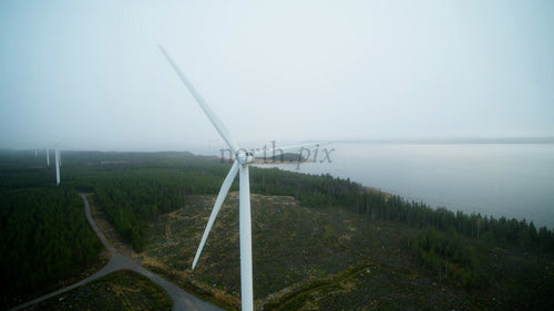 Vindkraftverk i dimmig skog: Hållbar energi mitt i naturens lugn