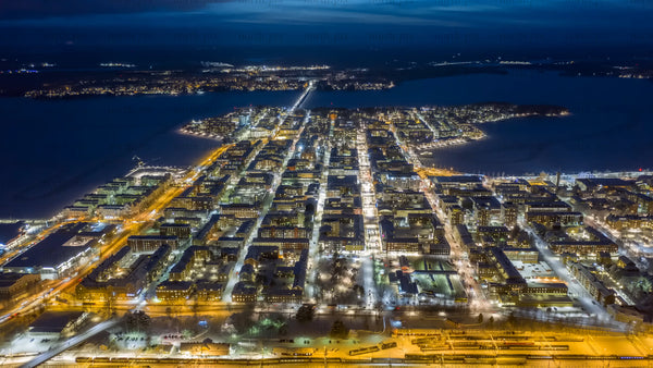 Luleå city at night: Aerial drone winter timelapse