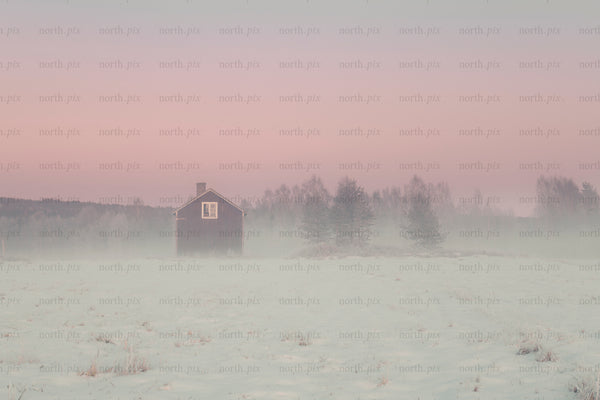Small red house in snowy field at sunrise