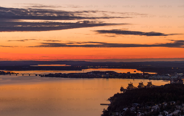 Sunset over Luleå city and waterfront viewed from a scenic perspective