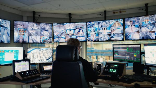 Factory worker monitors operations in high-tech control room
