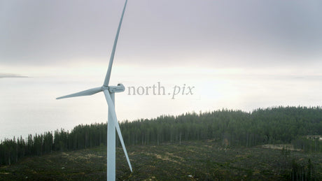 Rotating Wind Turbine on Haraholmen Island, Pori, Finland, Aerial View in Summer