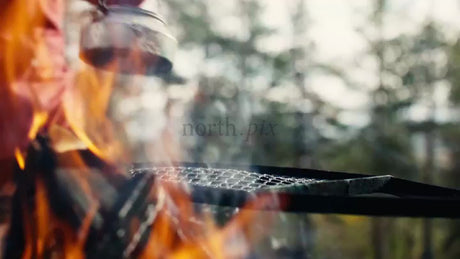 Steaming Kettle on Campfire Grill in Luleå, Sweden Forest