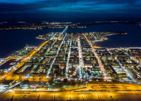 Aerial Night View of Lulea Cityscape During Winter Season in Blue Hour