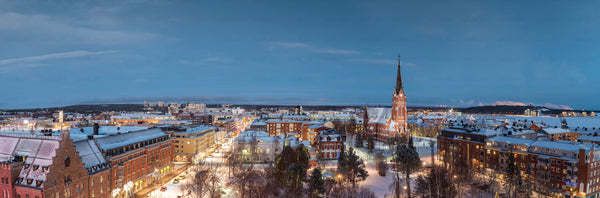 Winter city panorama with church spire and snow