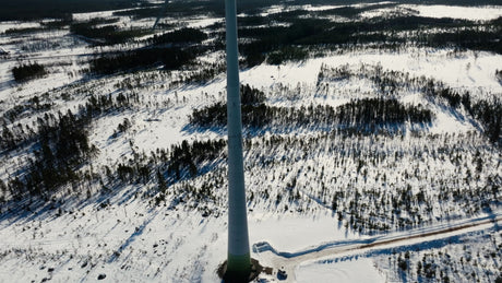 Aerial View of Wind Turbine at Markbygden Wind Farm in Winter