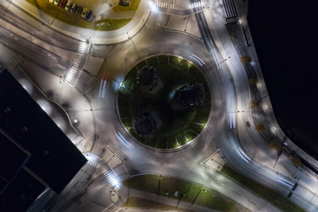 Aerial Night View Of Luleå City Center Roundabout With Light Trails And Urban Rings