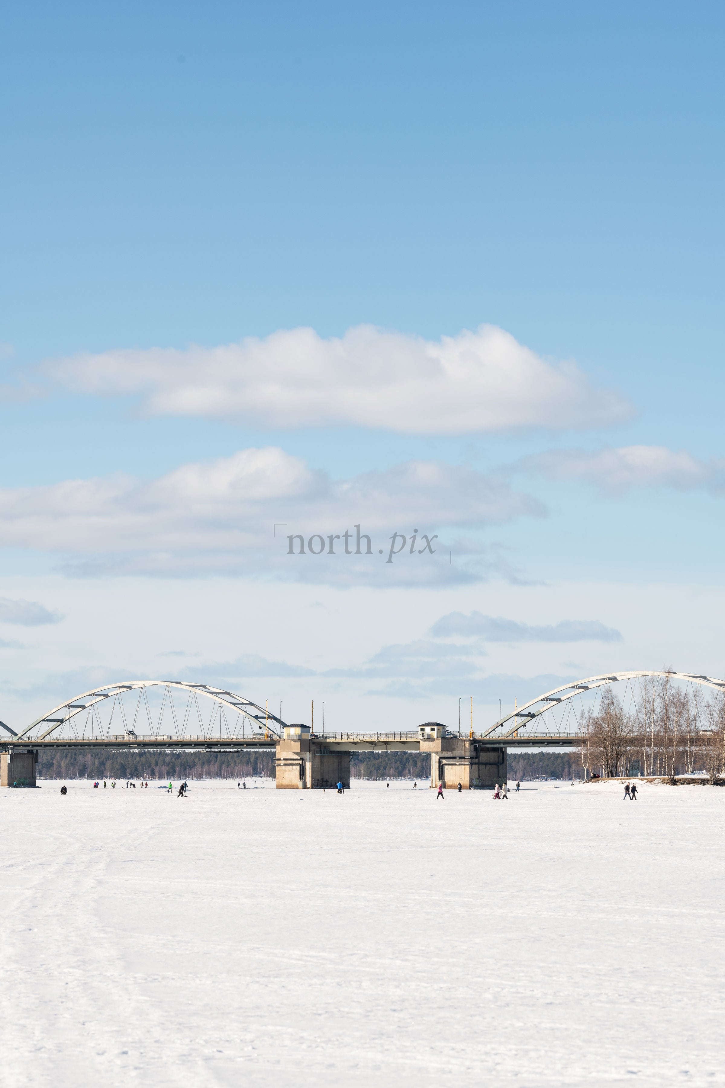 Bridge over a frozen river on a winter day