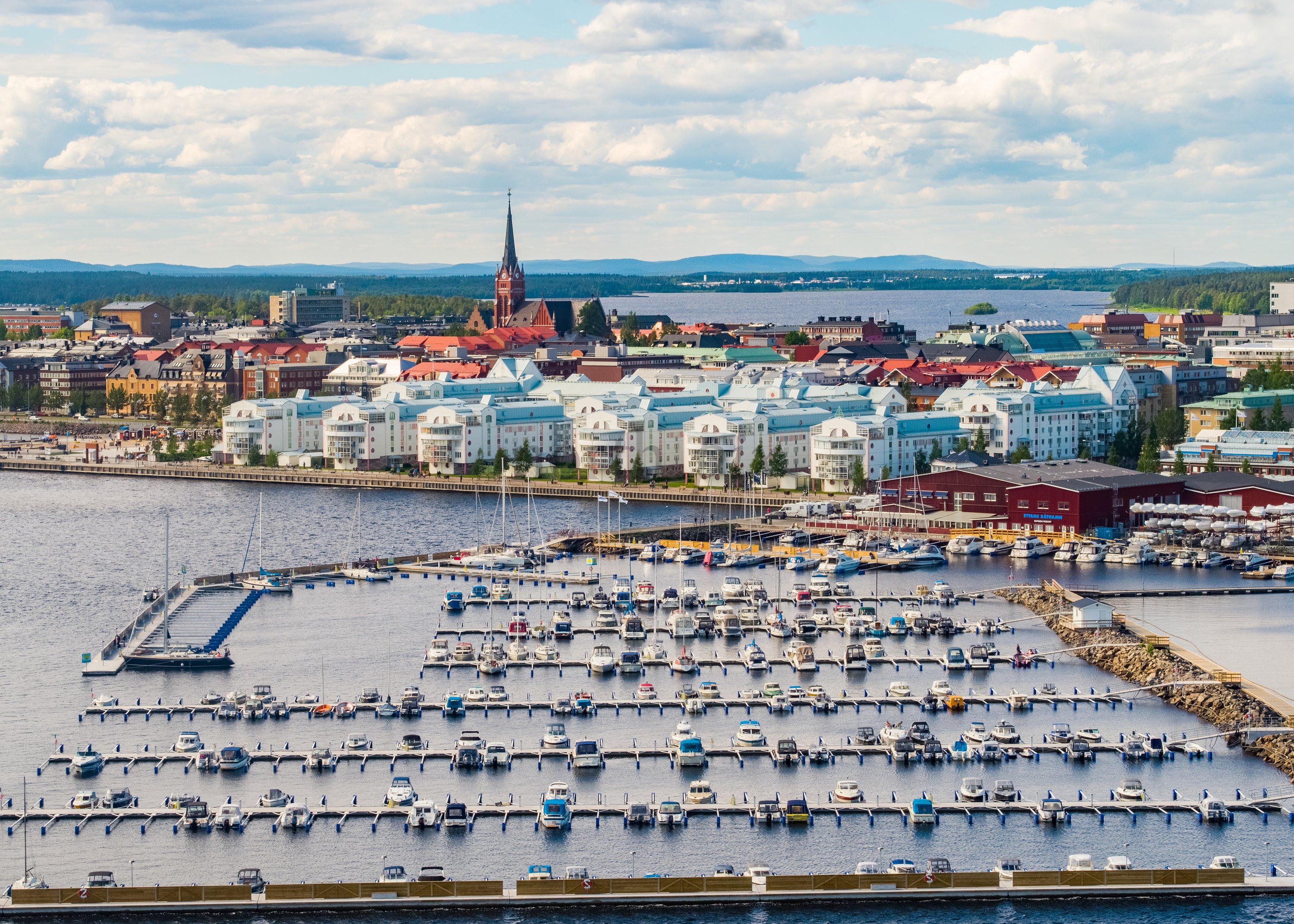 Aerial View of Luleå Harbor with Marina During Summer Day