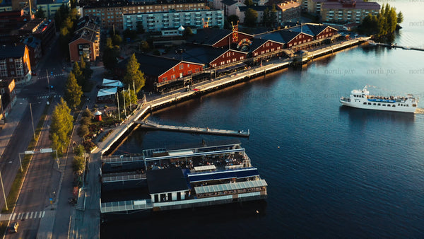 Luleå: Aerial sunset view of waterfront cityscape in summer