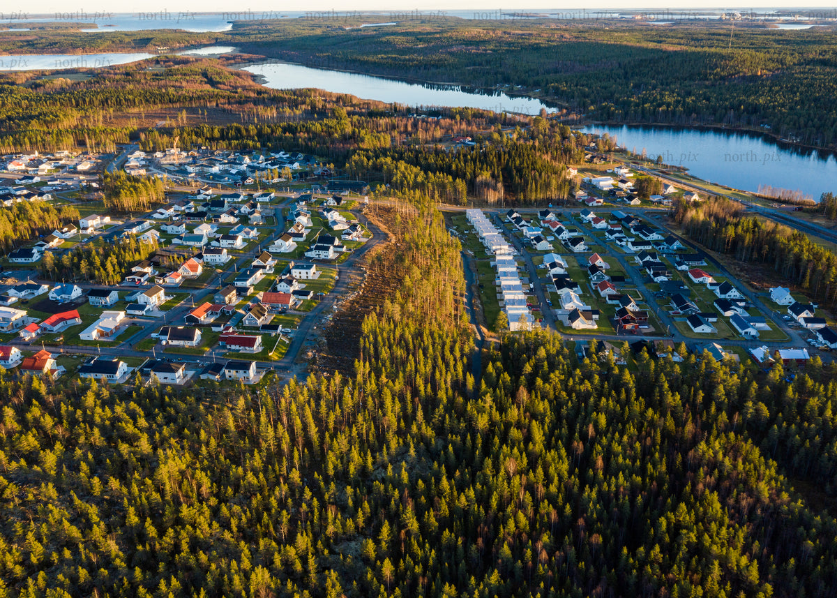 Overhead view of a Luleå suburban area during golden hour in spring