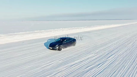 Tesla/Car  Winter Driving Test on Ice Road in Luleå, Sweden - Drone Footage