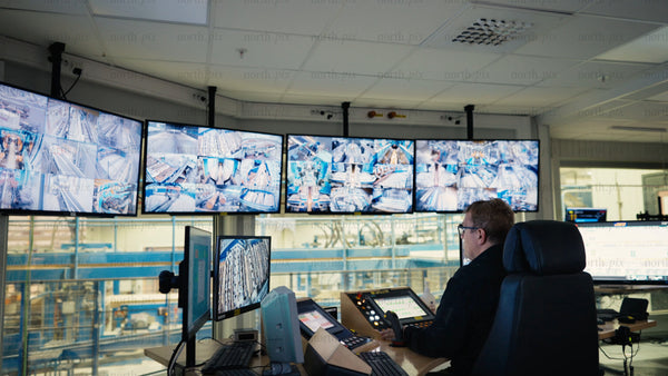 Factory worker monitors automated timber production in modern industry control room