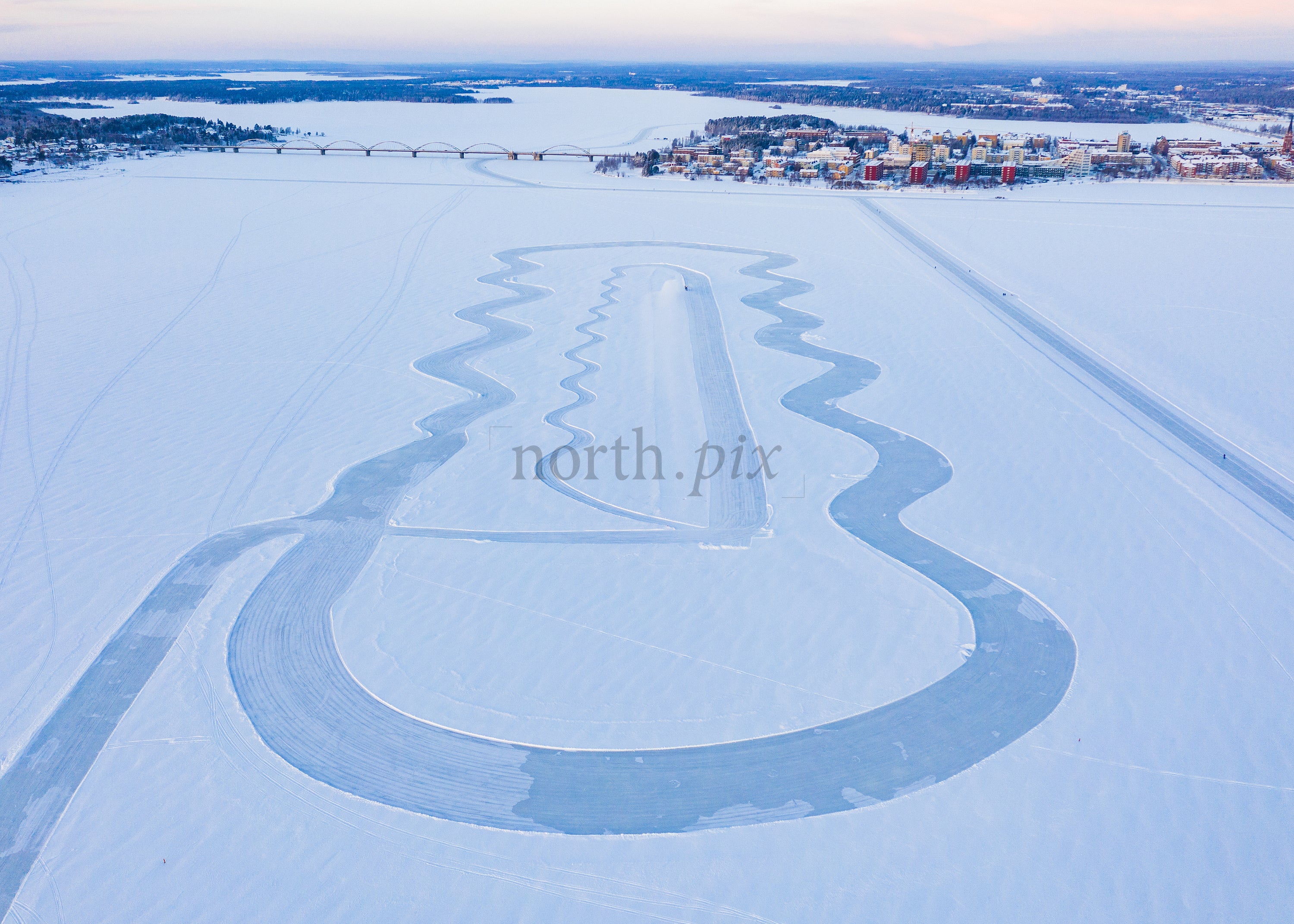 Aerial View of Winter Ice Track in Luleå During the Blue Hour