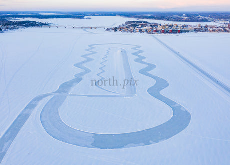 Aerial View of Winter Ice Track in Luleå During the Blue Hour