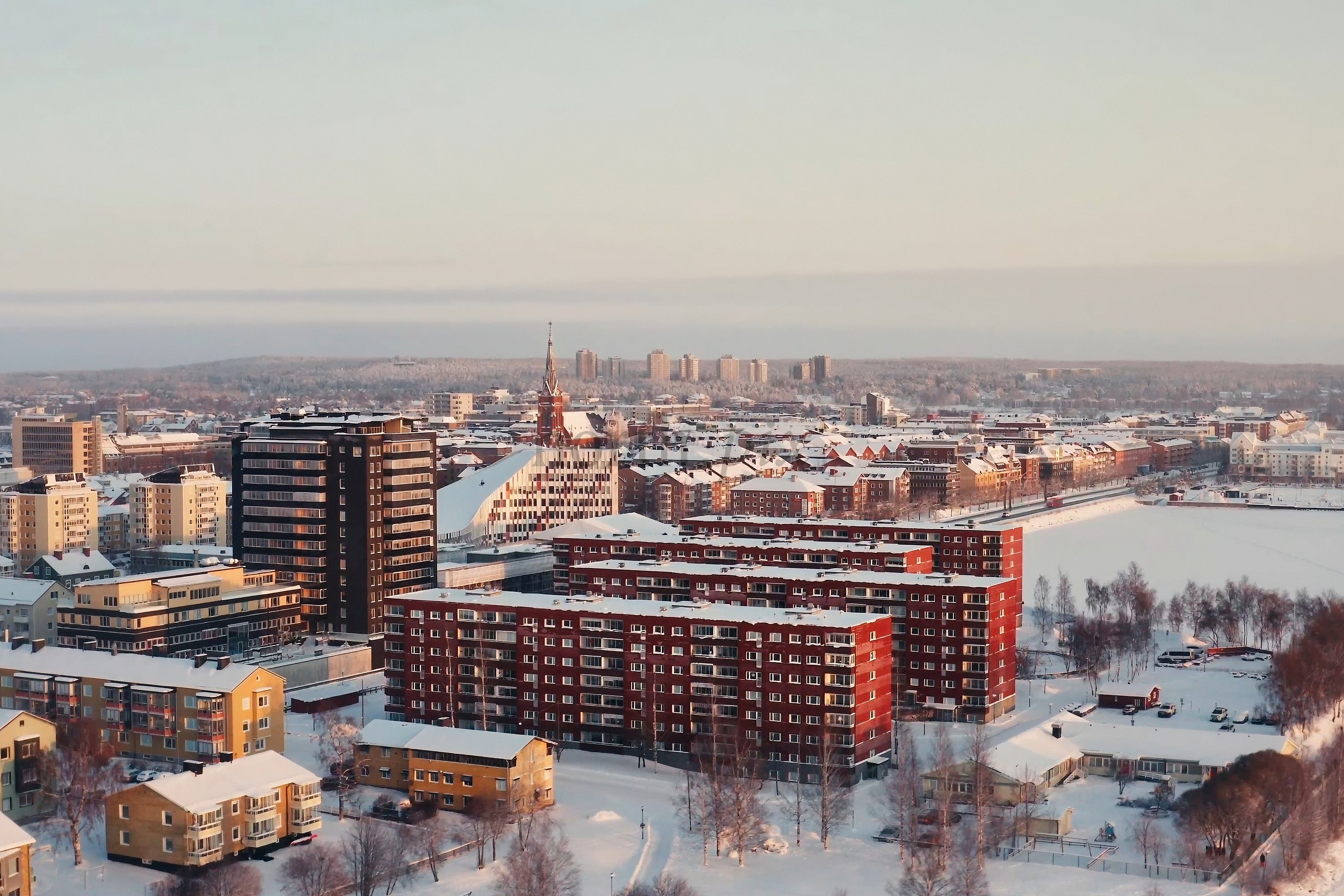 Snowy Luleå City Center Aerial View Of Modern Red And Brown Buildings In Winter