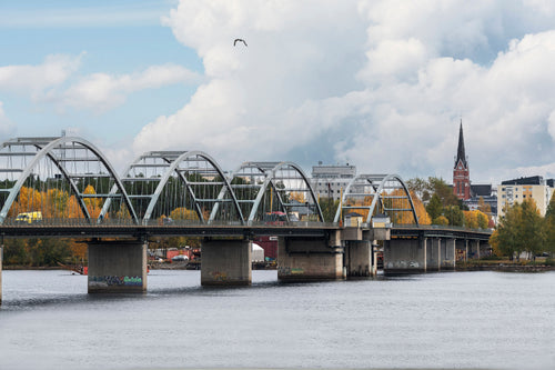 Bergnäsbron bridge over river in autumn, Luleå