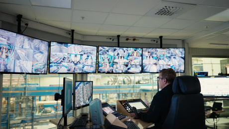 Factory Worker Monitors Automated Timber Production in Modern Industry Control Room