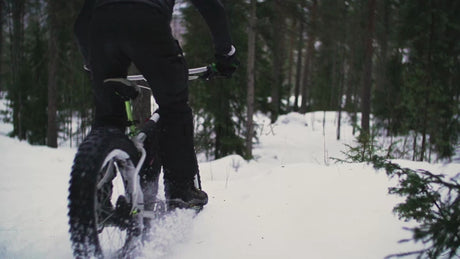 Fatbike Riding Through Snowy Forest Trail in Luleå, Sweden