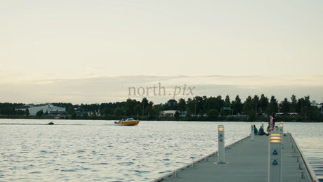Lulea, Sweden: Evening View From Pier With Speedboat in Summer