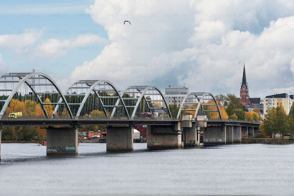 Bergnäsbron bridge over river in autumn, Luleå