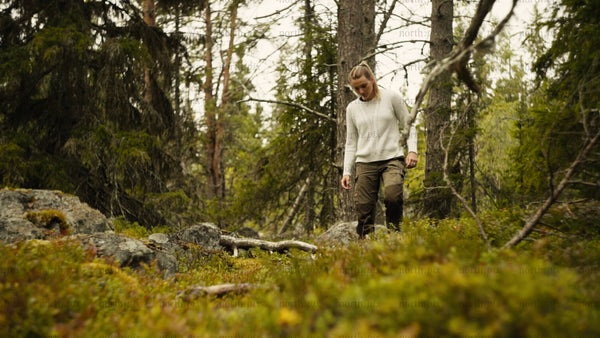 Woman picking berries in Luleå archipelago forest on a cloudy summer day