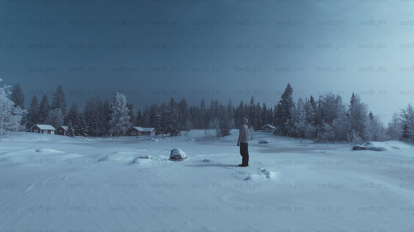 Person standing on frozen lake at blue hour