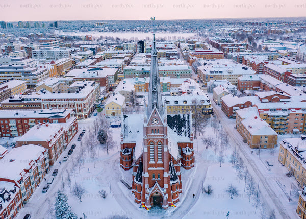 Winter aerial view of Luleå cathedral and surrounding urban streets