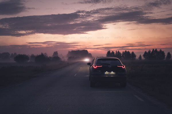 Car parked at roadside at dusk with fog